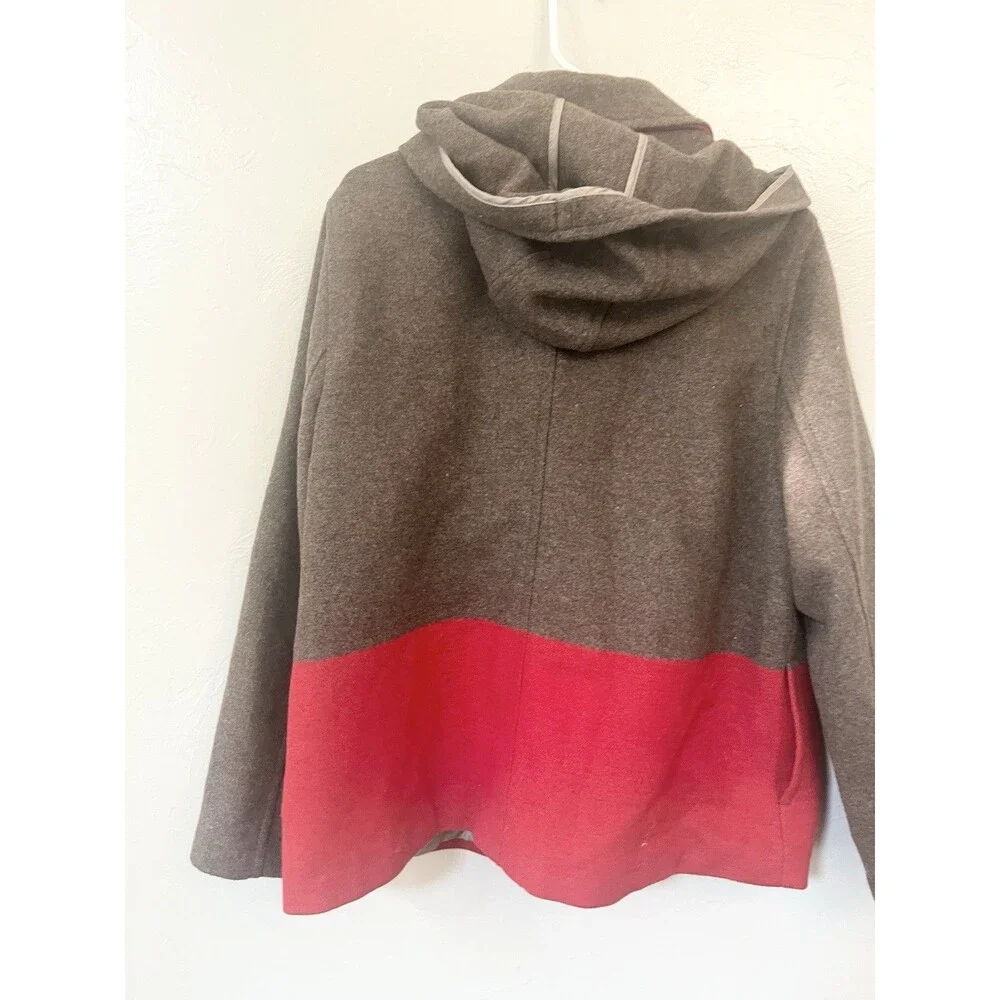 Old Navy Womens Wool Coat Hooded XL Brown Red Colorblock  Zip Toggle Jacket